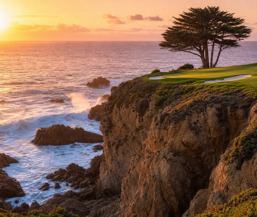 A coastal golf hole on the cliffs above the ocean.