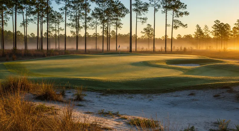 Dawn light through tall pines behind a golf green.